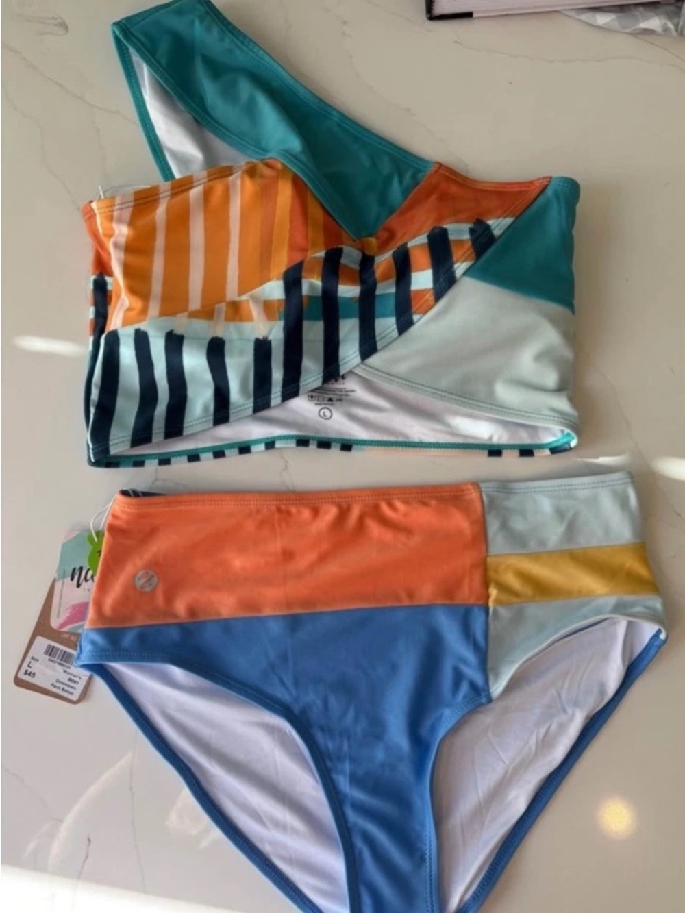 Colorblock One-Shoulder Bikini Set in Teal, Orange & Blue